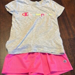 Champion Heather Gray Tee and Neon Pink Shorts